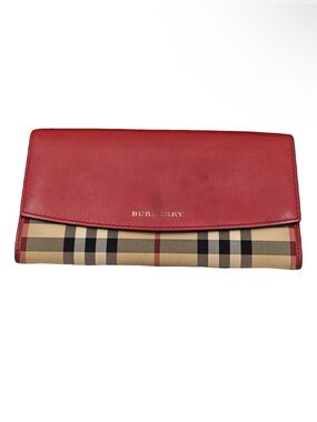 Burberry Red Leather & Classic Beige Check Continental Wallet
